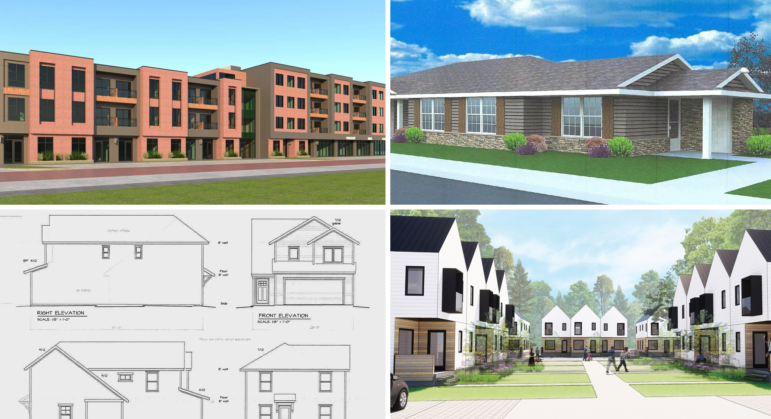 Several projects have applied for funding from Lawrence's Affordable Housing Advisory Board in 2019. They are, top row from left, Penn Street Lofts (rendering by H2B Architects) and Bethel Estates of Lawrence Phase II (rendering by Wallace Architects), and bottom row from left, Westside Affordable Ownership Development (rendering by HMA Architects) and 23 Tenn Flats (rendering by Hoke Ley Architecture & Design).